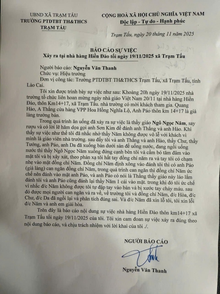 Báo cáo sự việc của Hiệu trưởng Trường Phổ thông dân tộc bán trú Tiểu học và Trung học cơ sở Trạm Tấu (tỉnh Lào Cai). Ảnh: NVCC