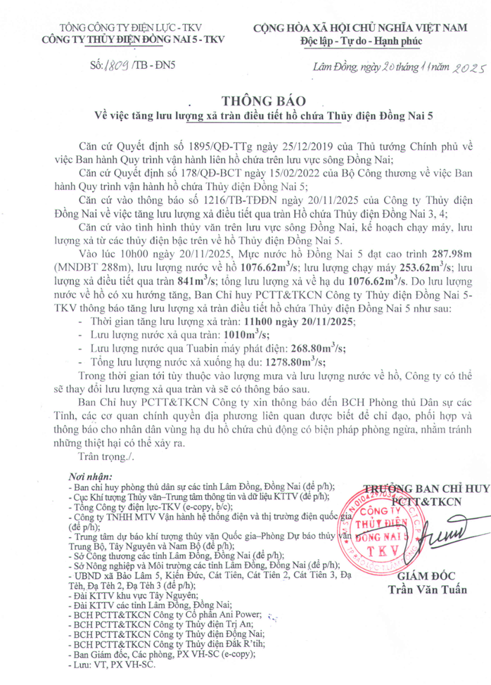 Nơi gửi các thông báo xả tràn cho các đơn vị tỉnh Đồng Nai