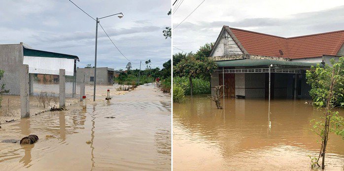 Nước ngập đường và nhà người dân xã Đak Lua. Ước tính tổng thiệt hại khoảng 40 tỉ đồng.