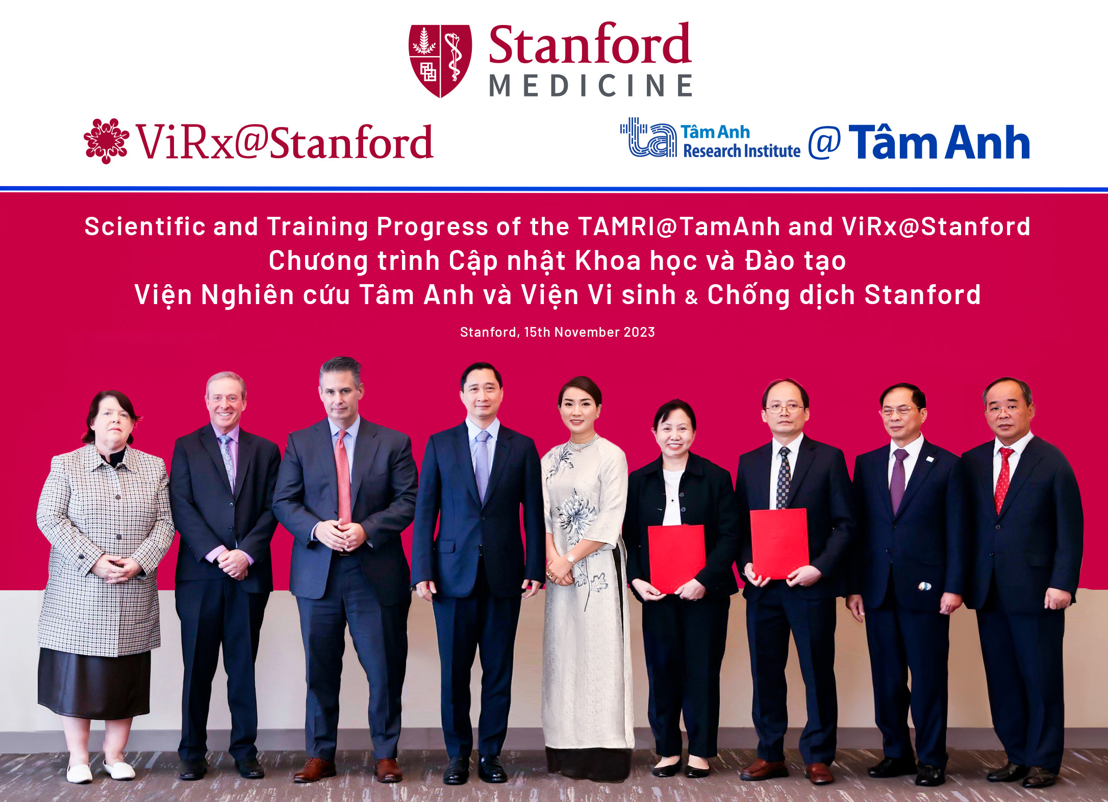 Viện Nghiên cứu Tâm Anh, Hệ thống Bệnh viện Đa khoa Tâm Anh và Viện Nghiên cứu Vi sinh và Chống dịch của Đại học Stanford (Hoa Kỳ) trong lễ công bố hợp tác về đào tạo xét nghiệm viêm gan D vào tháng 11-2023