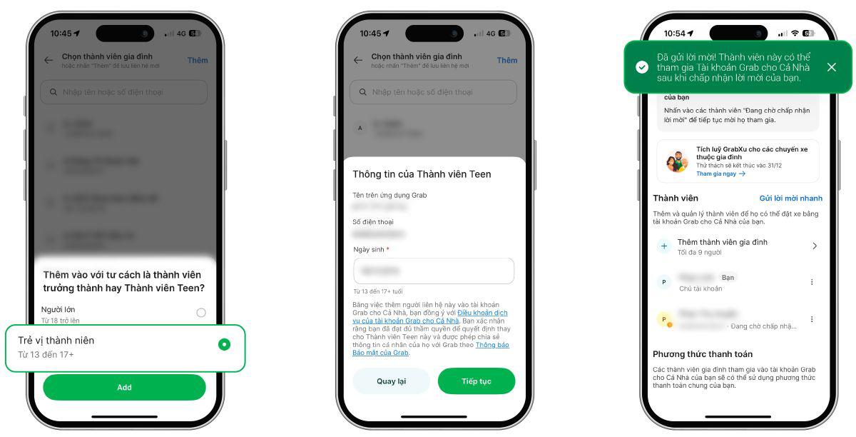 Các bước thêm thành viên tuổi teen vào tài khoản "Grab cho cả nhà".