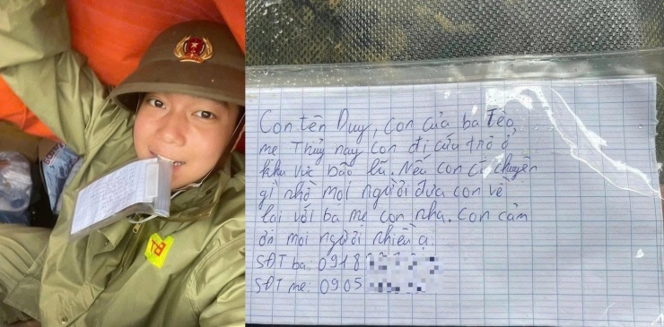 Hình ảnh xúc động của bạn Duy - sinh viên năm 3 trường Đại học Công nghiệp TP đã chạy xe máy ra Nha Trang để đưa bà ngoại đến nơi an toàn rồi sẵn đi cứu trợ. Kể từ đó, trên áo Duy lúc nào cũng đeo một mảnh giấy ghi tên và số điện thoại ba mẹ. Nguồn: @kuromju