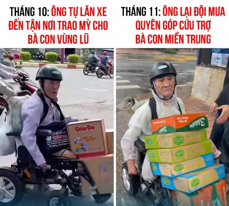 Hình ảnh cụ ông ngồi xe lăn tất bật đem hàng cứu trợ đến tận tay bà con đang khó khăn ở vùng bão lũ, trở thành khoảnh khắc gây sốt mạng xã hội. Nguồn: @vietxuann5