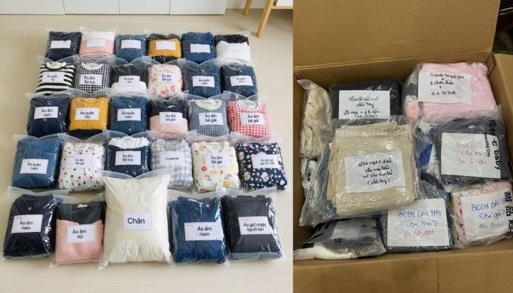 Hình ảnh nhu yếu phẩm được một bạn trẻ xếp gọn gàng, phân loại cùng ghi chú rõ ràng để đến tay người dân khó khăn. Nguồn: @baothi