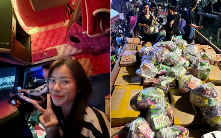 Vợ chồng Hạnh đang trên đường chở đồ cứu trợ đến bà con miền Trung. Ảnh: NVCC