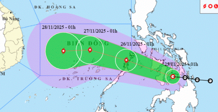 Dự báo hướng di chuyển của áp thấp nhiệt đới lúc 1 giờ ngày 25-11. Ảnh: Trung tâm Dự báo khí tượng thủy văn quốc gia