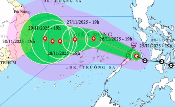 Dự báo đường di chuyển của bão lúc 19 giờ ngày 25-11. Ảnh: Trung tâm Dự báo khí tượng thủy văn quốc gia