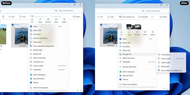 Menu chuột phải trên File Explorer đã gọn hơn.