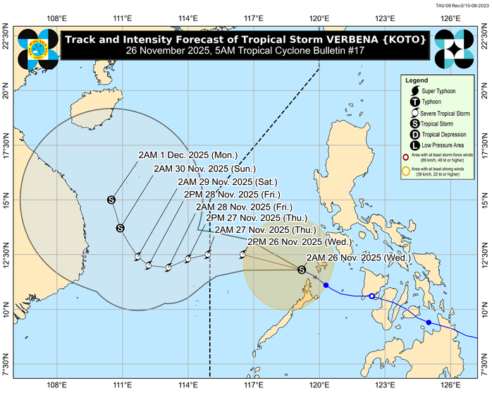 Bản đồ dự báo đường đi của bão số 15 Koto được Philippines công bố sáng 26-11 - Ảnh: PAGASA