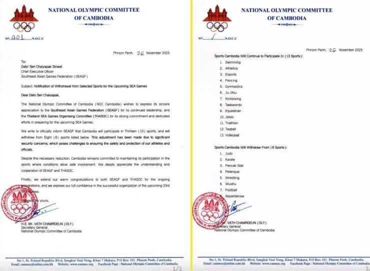 Văn bản xin rút khỏi 8 môn thể thao đồng đội ở SEA Games 33 của Campuchia