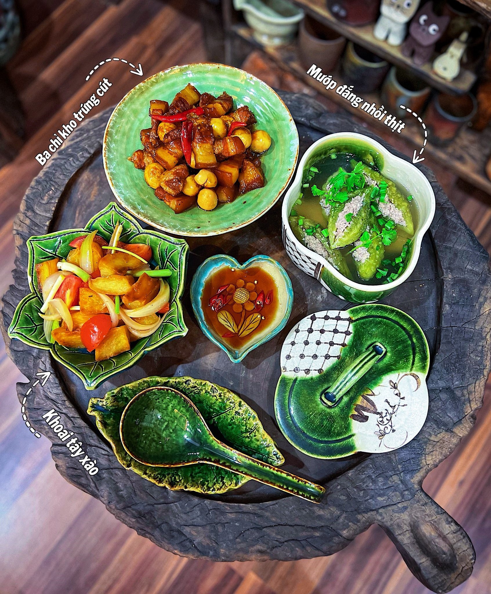 Ba chỉ kho trứng cút - Mướp đắng nhồi thịt - Khoai tây xào