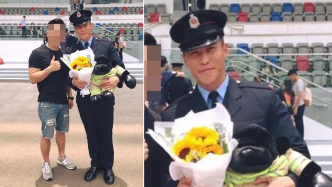 Ho bên bạn bè trước ở lễ tốt nghiệp trường cứu hỏa. Ảnh: Standard HK