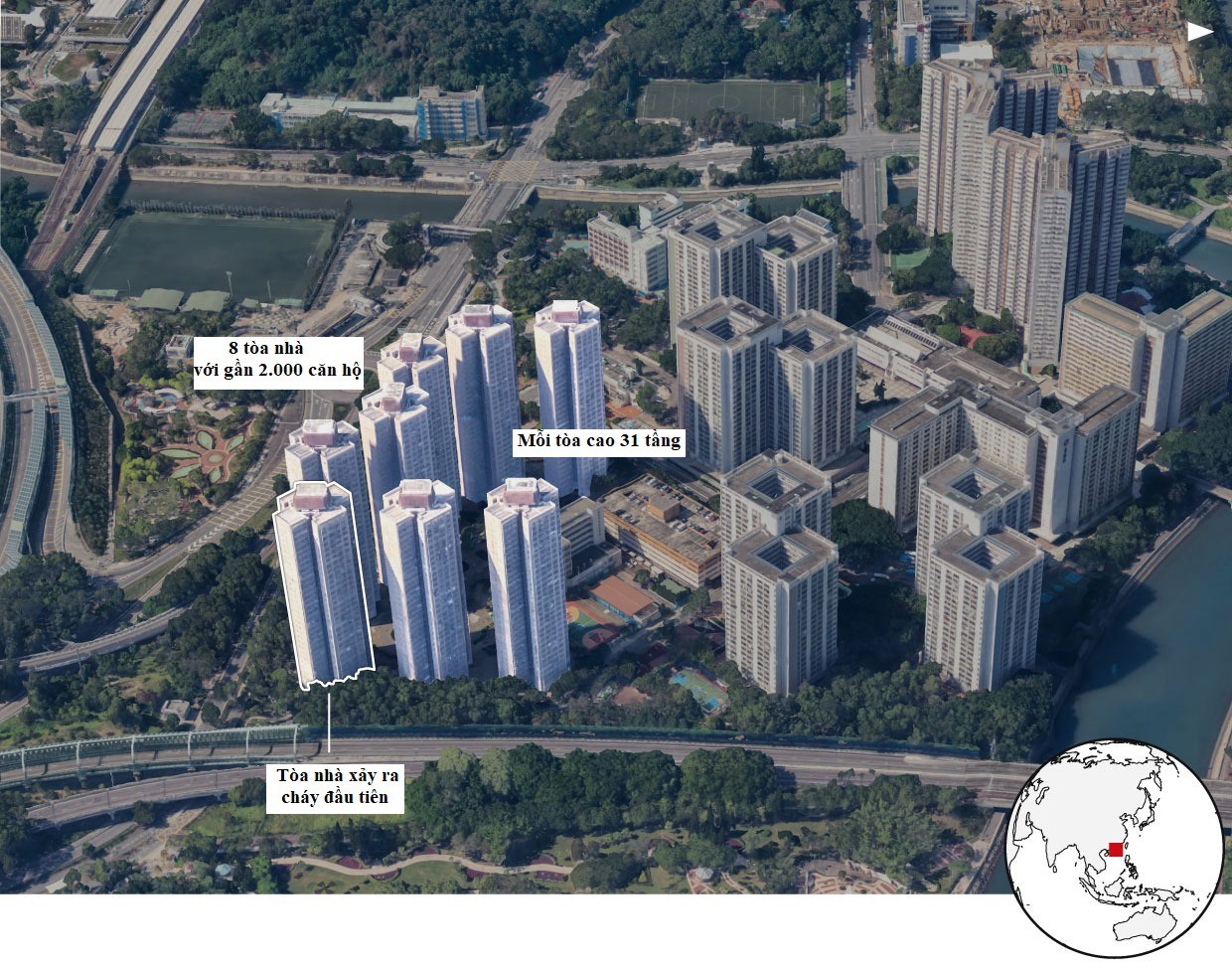 Đồ họa khu vực xảy ra vụ hỏa hoạn kinh hoàng ở Hong Kong. Ảnh đã Việt hóa từ nguồn Guardian