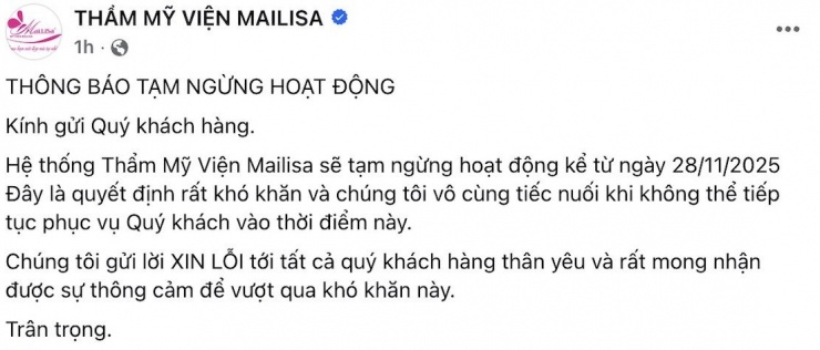 Thông báo của Thẩm mỹ viện Mailisa. Ảnh chụp màn hình**