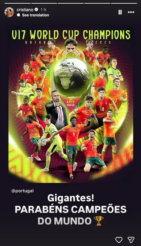 Ronaldo gửi lời chúc mừng tới U17 Bồ Đào Nha