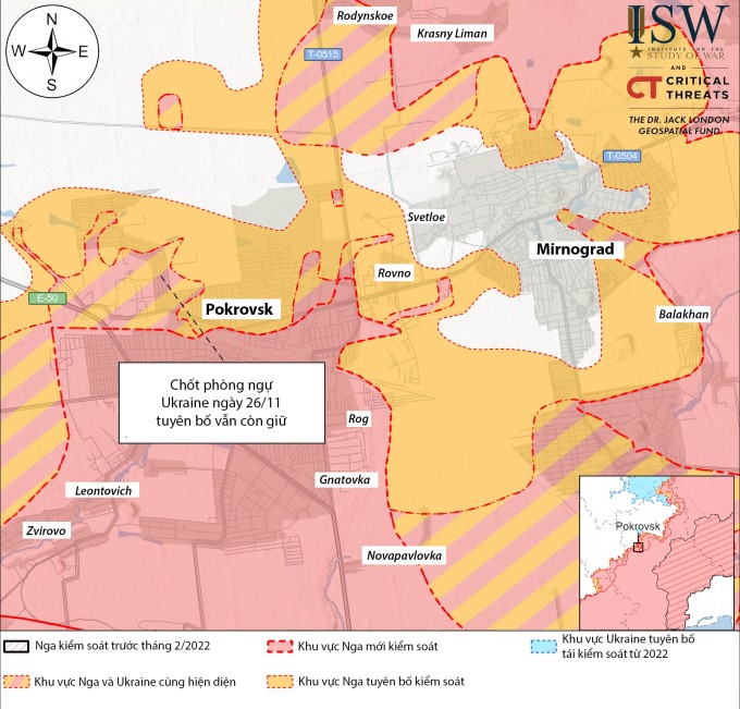 Cục diện mặt trận Pokrovsk - Minograd tính đến ngày 26/11. Đồ họa: ISW