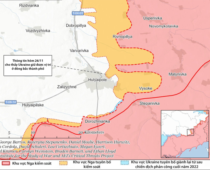 Vị trí thành phố Huliaipole (Hulyaipole) và phần phòng tuyến Ukraine bị hở sườn ở đông bắc. Đồ họa: ISW