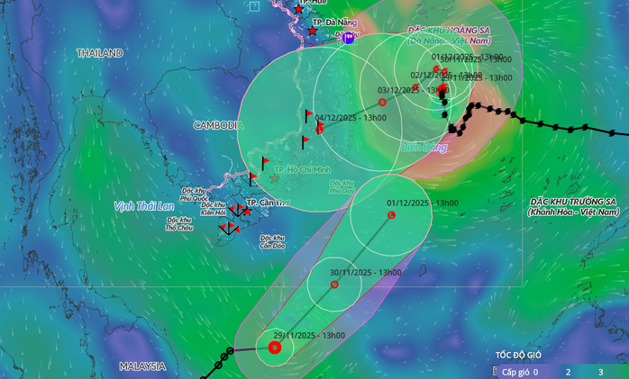 Diễn biến hướng di chuyển của áp thấp nhiệt đới và bão số 15 lúc 13 giờ ngày 29-11. Ảnh: Hệ thống giám sát thiên tai Việt Nam