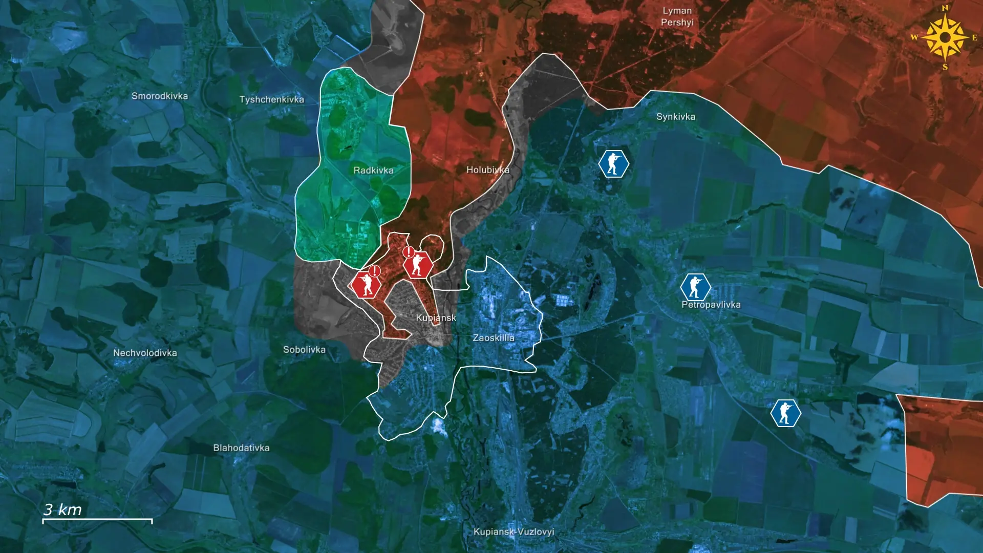 Quân đội Ukraine cho rằng phần lớn diện tích thành phố Kupiansk vẫn nằm trong vùng xám, nghĩa là giao tranh chưa ngã ngũ. Ảnh: Euromaidan Press.
