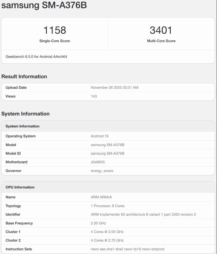 Kết quả điểm chuẩn tin đồn của Galaxy A37.