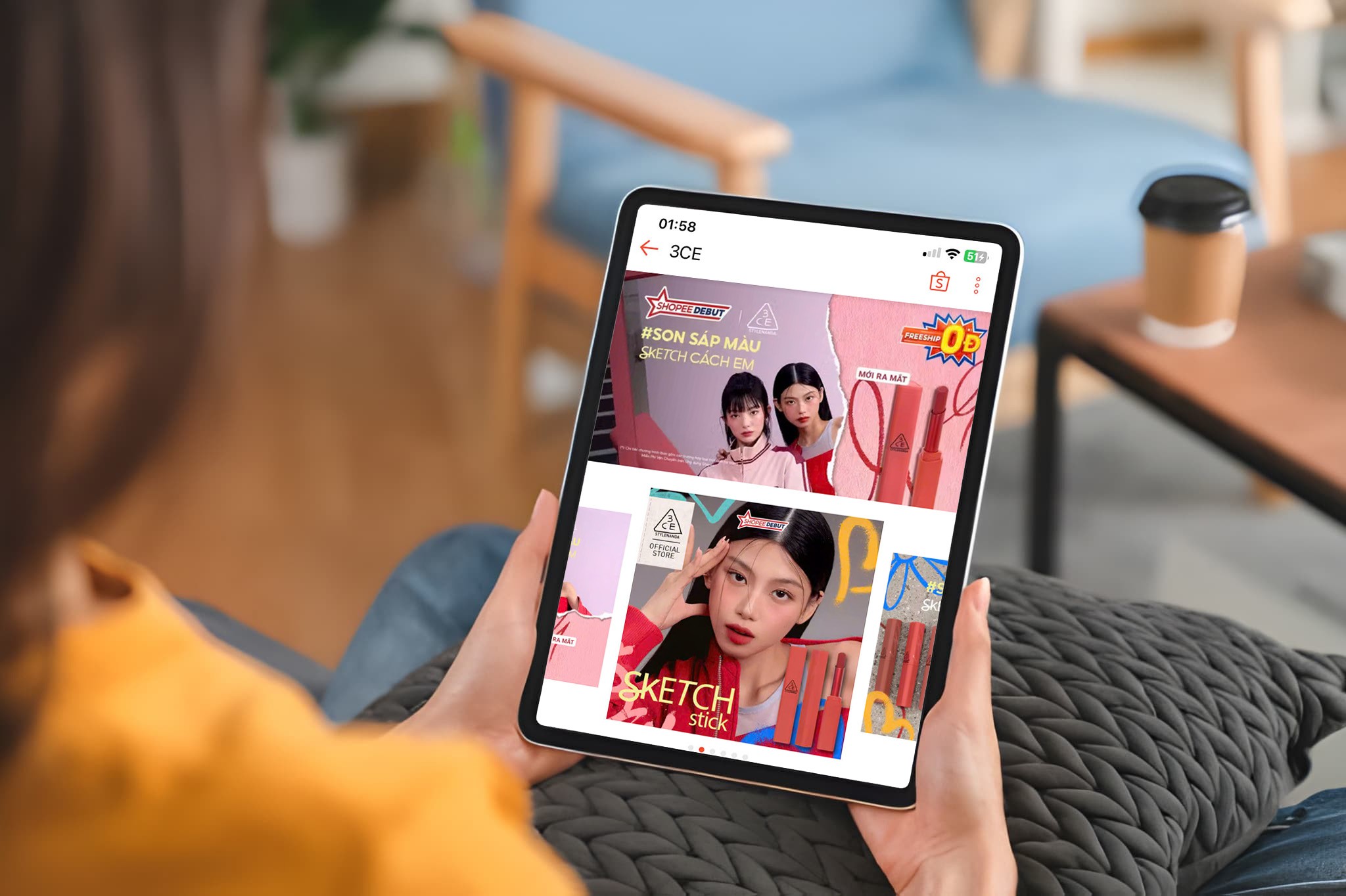 Giao diện giới thiệu dòng son mới ra mắt của 3CE trên Shopee Debut.