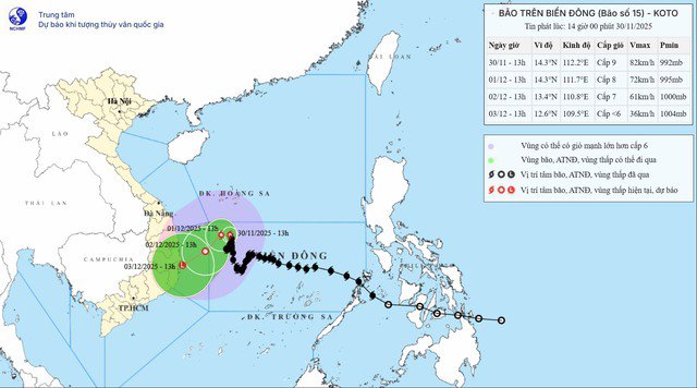 Bão số 15 sẽ đổ bộ vùng biển từ Gia Lai đến Khánh Hòa.