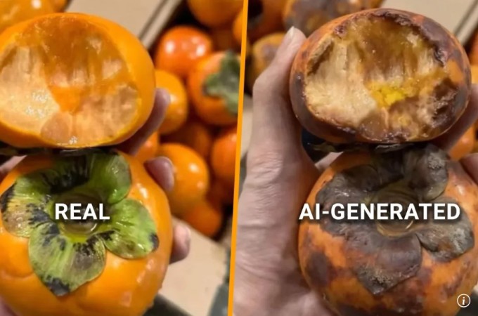 Hình ảnh thật của quả hồng và ảnh AI tạo. Ảnh: SCMP