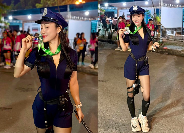Cũng tại đường chạy này, một hot girl làng chạy khác là Trịnh Lệ có màn hóa thân thành nữ cảnh sát khi tham gia tranh tài. Trịnh Lệ là một HLV phòng gym với 8 năm kinh nghiệm với hàng chục nghìn người theo dõi trên mạng xã hội. Cô đến với chạy bộ khoảng 1 năm qua.