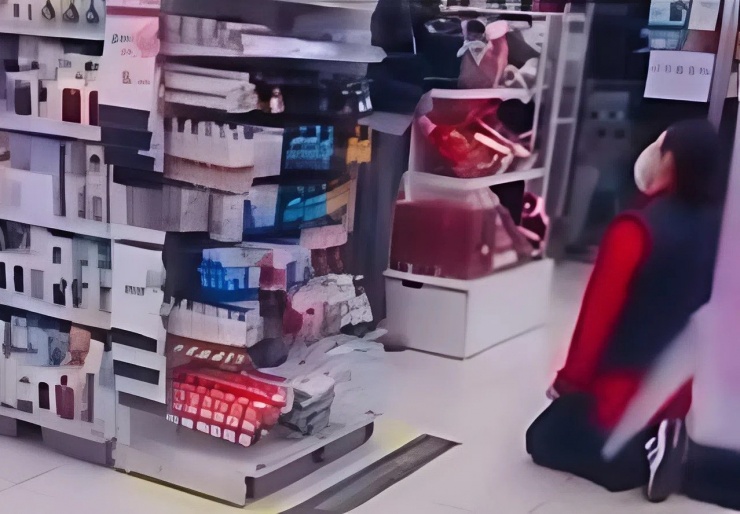 Nữ nhân viên phải quỳ gối xin lỗi khách. Ảnh: Korea Times