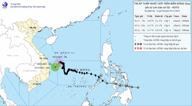 Bão số 15 suy yếu thành áp thấp nhiệt đới trên Biển Đông.