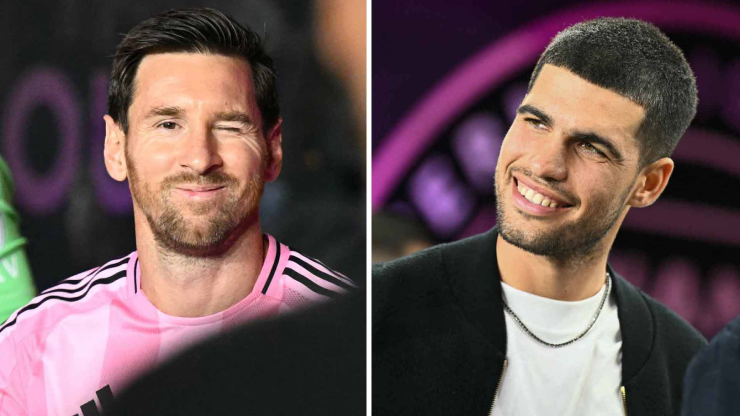 Messi (bên trái) nháy mắt với Alcaraz (bên phải)