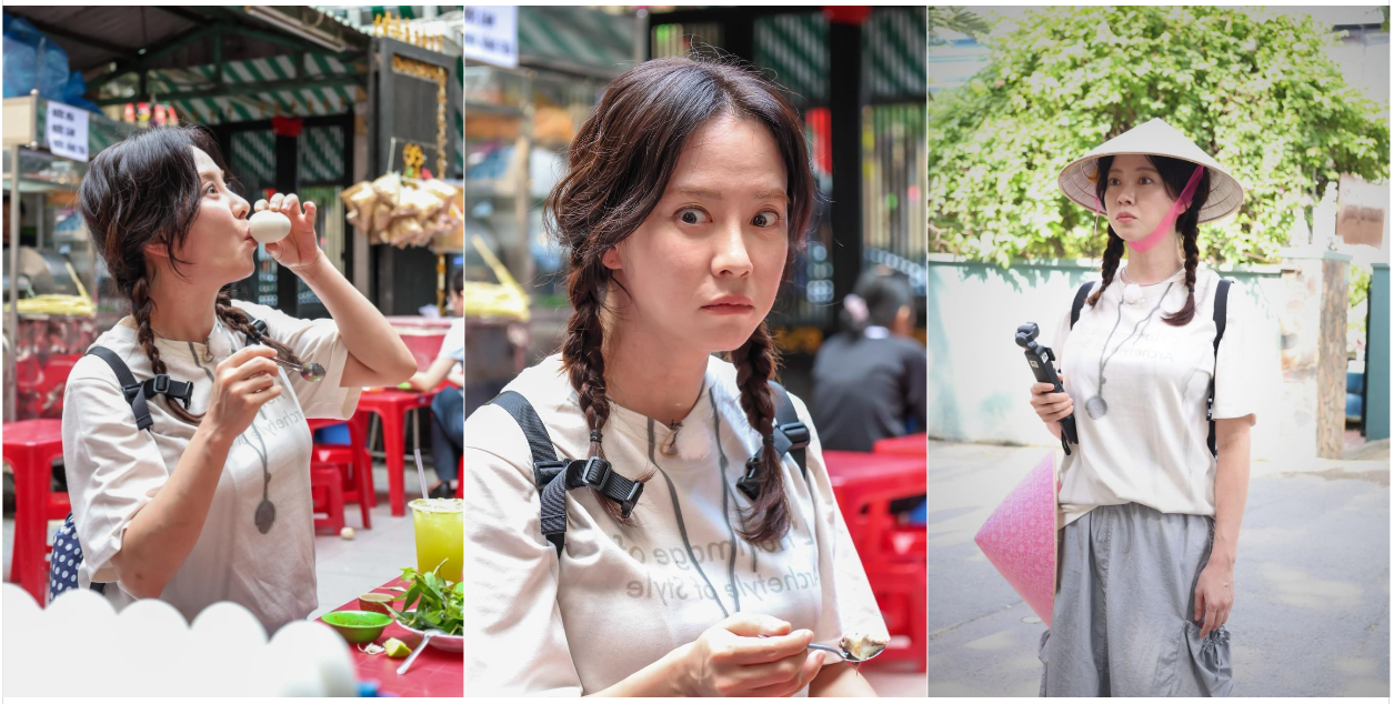 Biểu cảm của Song Ji Hyo thử ăn trứng vịt lộn.