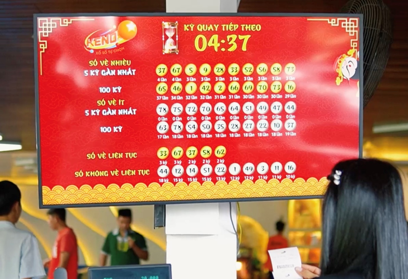 TV màn hình rộng nổi bật giữa quán để khách dò kết quả xổ số Keno.