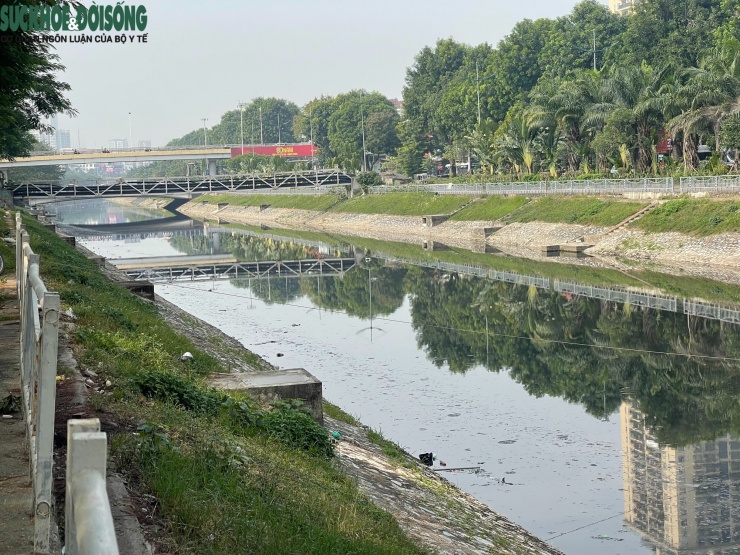 Nước gần như đứng lại, đen quánh và có nơi nổi váng; rác nổi lềnh bềnh dạt vào hai bờ.