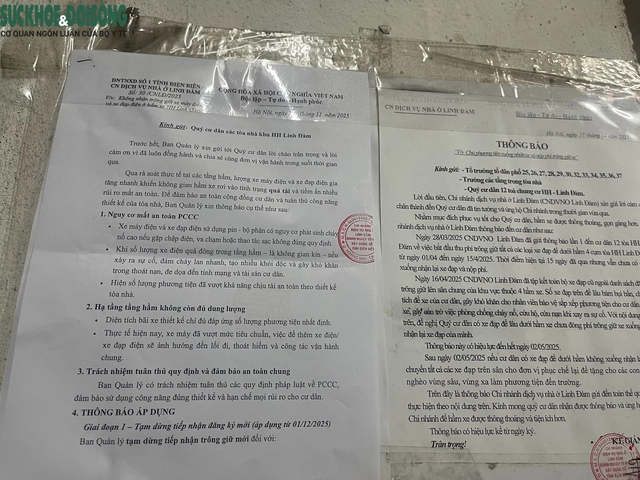 Thông báo được dán tại các tầng hầm chung cư HH Linh Đàm.