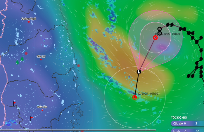 Dự báo hướng di chuyển và suy yếu của áp thấp nhiệt đới lúc 1 giờ ngày 2-12. Ảnh: Hệ thống giám sát thiên tai Việt Nam