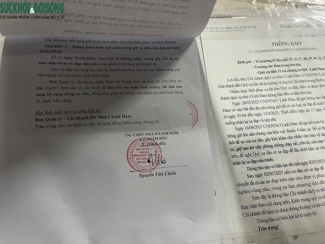 Thông báo được dán tại các tầng hầm chung cư HH Linh Đàm.