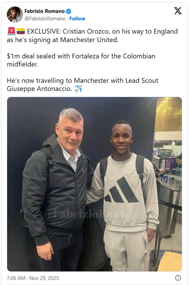 Fabrizio Romano đưa tin về thương vụ 1 triệu đô của MU với Cristian Orozco