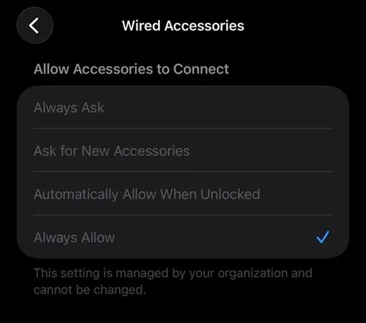 Bật cảnh báo kết nối cho phụ kiện có dây.