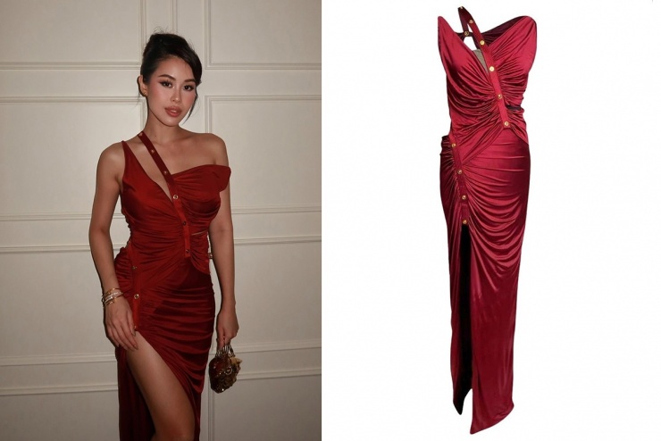 Mẫu đầm mà người đẹp chọn là sáng tạo của Versace - một trong những thương hiệu xa xỉ mà cô thường xuyên diện. Nhà mốt định giá gần 3.000 USD (gần 80 triệu đồng) cho thiết kế với nhiều khoảng hở ở ngực, xẻ đùi cao, tạo điểm nhấn bằng kỹ thuật xếp lớp.