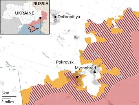 Pokrovsk và Myrnohrad thuộc Cộng hoà Nhân dân tự xưng Donetsk. (Bản đồ: BBC)