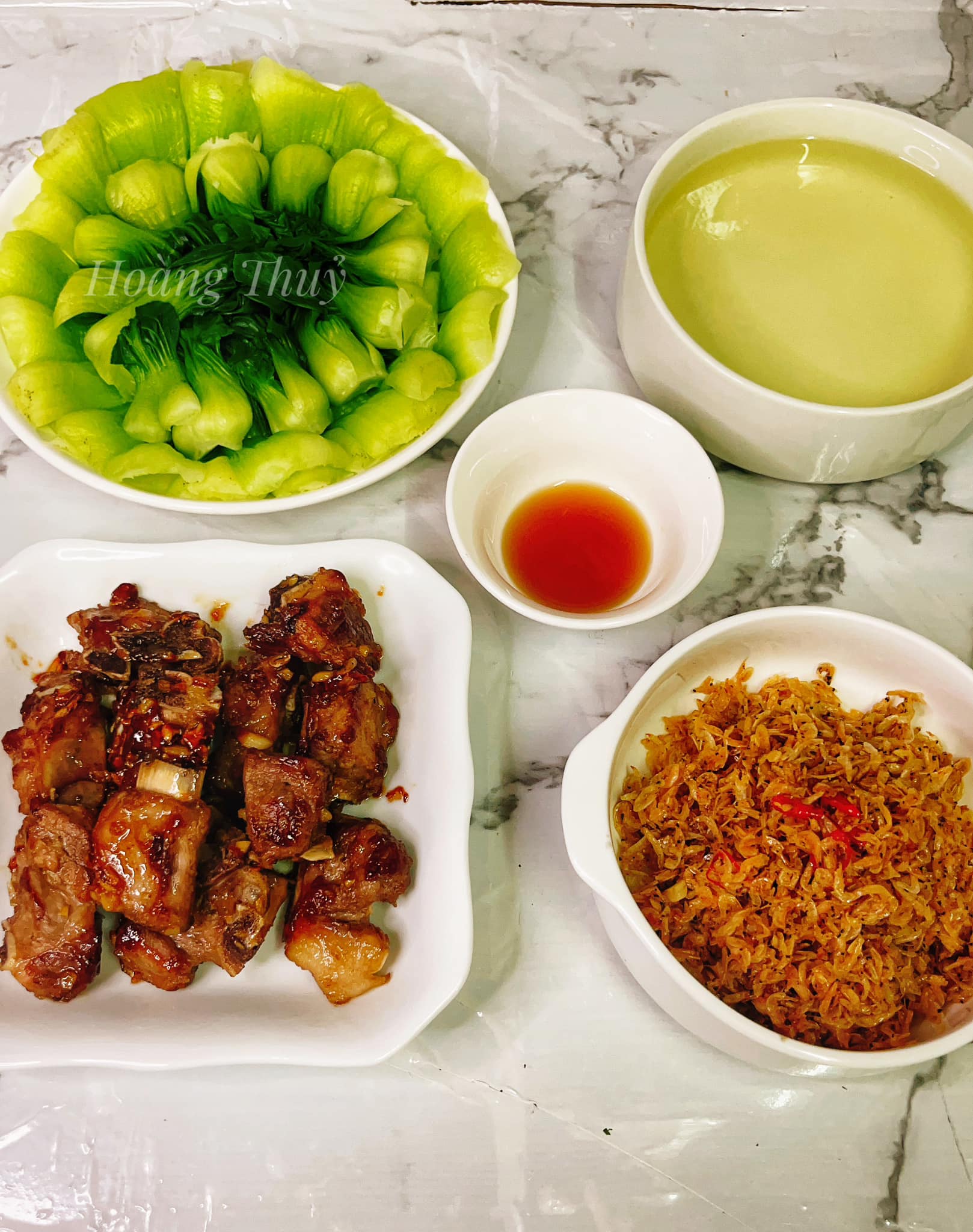 Sườn rim - Tép khô rang - Rau cải luộc