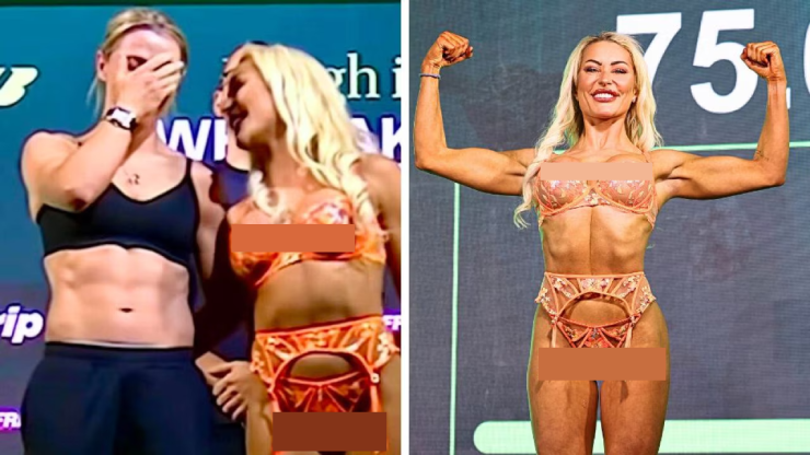 Ebonie Cotton (bên phải) vừa gặp sự cố trang phục, vừa phải nhận trận thua khi thượng đài