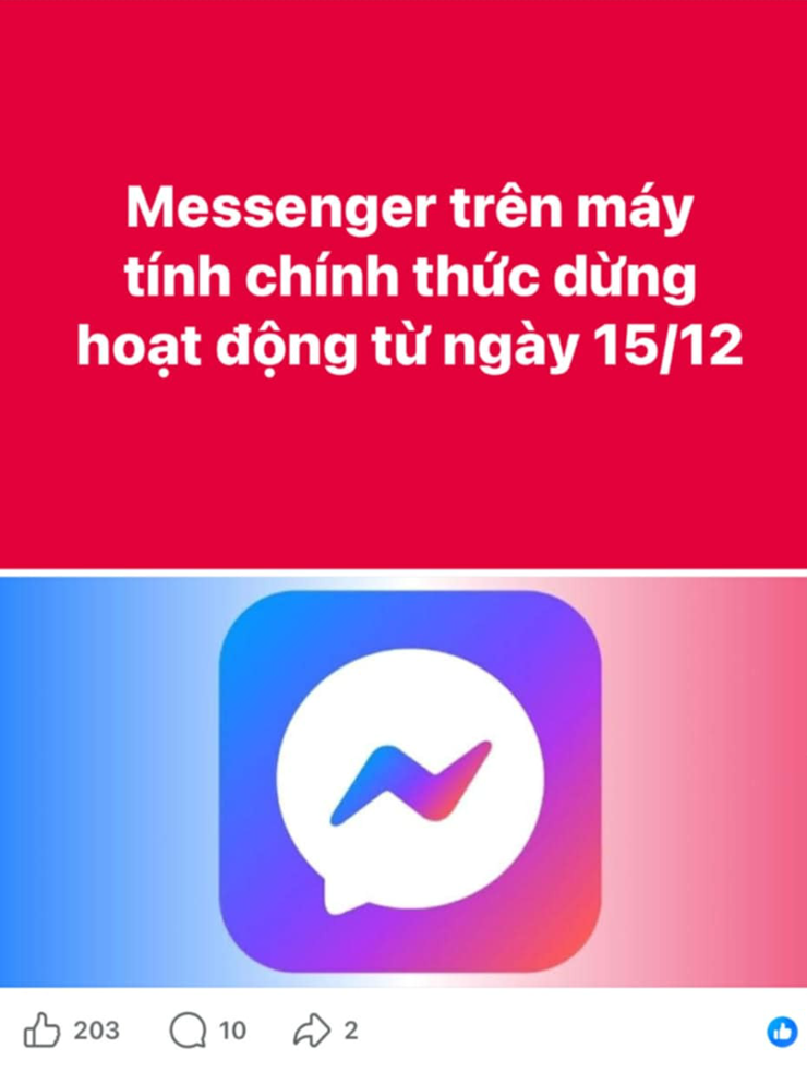 Thông tin ứng dụng Messenger ngừng hoạt động trên máy tính được chia sẻ trên Facebook.