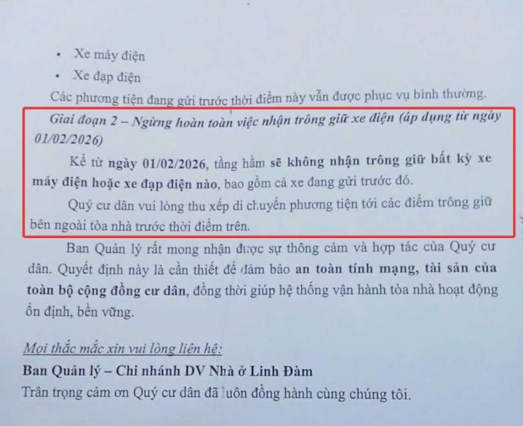 Một phần nội dung trong thông báo của BQL gửi tới cư dân. Ảnh: Nhóm cư dân
