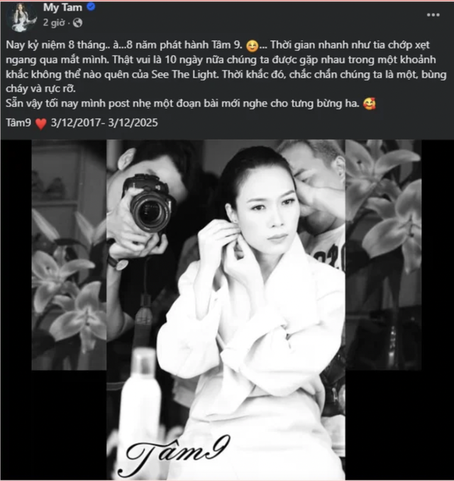 Mỹ Tâm đăng tải ảnh bìa album Tâm 9, kèm theo dòng trạng thái đầy cảm xúc nhân kỷ niệm 8 năm kể từ ngày dự án phòng thu đình đám này ra mắt.