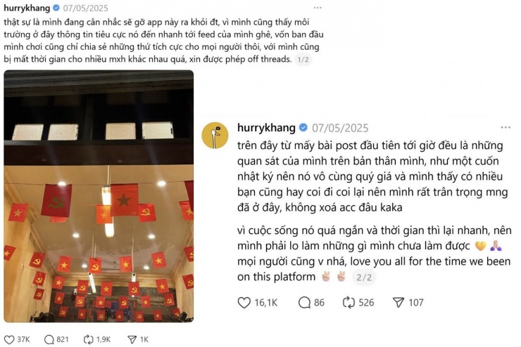 Rapper HURRYKNG dừng hoạt động trên Threads để tránh năng lượng tiêu cực.