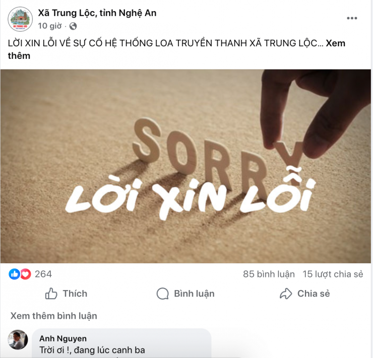 Facebook thông tin xã Trung Lộc gửi lời xin lỗi đến toàn thể người dân vì xảy ra sự cố loa phát thanh mở lúc 3h sáng.