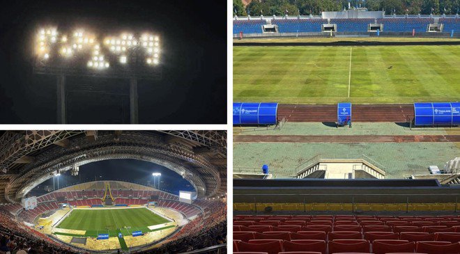 Dàn đèn sân Rajamangala bị cháy nhiều bóng phải sang sân khác mượn thêm (ảnh trái) và sân Chiangmai mặt cỏ úa vàng, cũ kỹ dù vừa được đầu tư nâng cấp