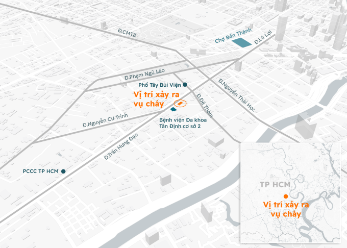 Vị trí quán ăn bị cháy trên đường Trần Hưng Đạo, quận 1 cũ. Đồ họa: Khánh Hoàng